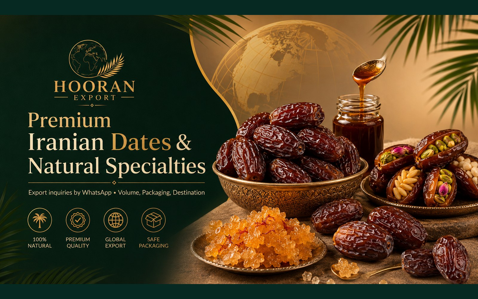 Hooran Export hero poster showing dates, stuffed dates, date syrup and saffron rock candy